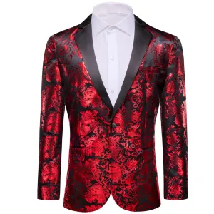 Ties2you Casual Suit Notched Collar Black Red Floral Hot Stamping Silk Slim Fit Men's Suit