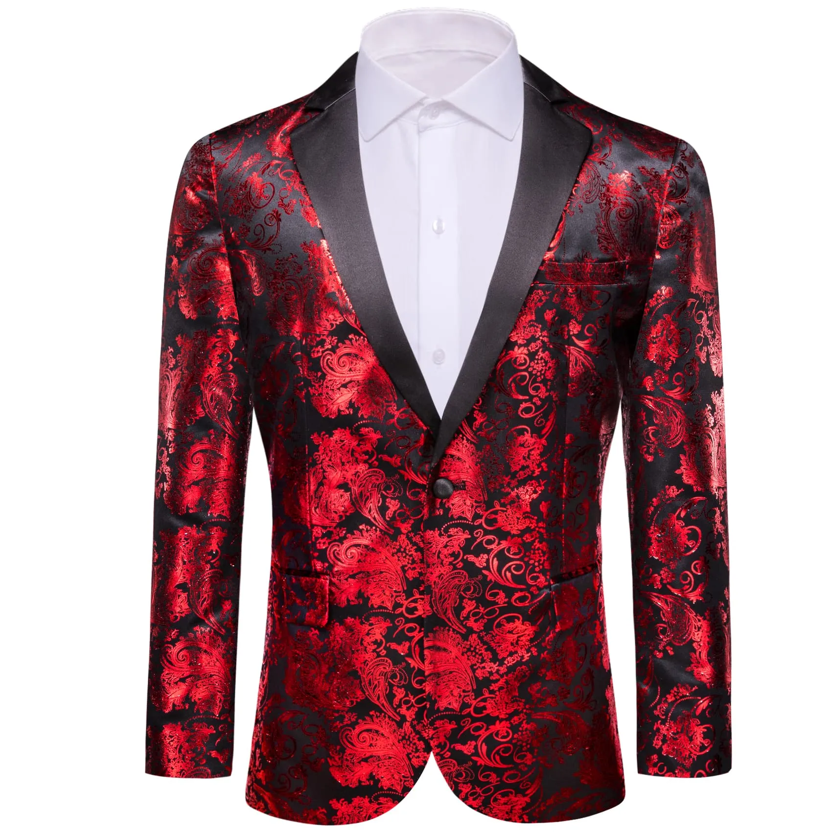 Ties2you Casual Suit Notched Collar Black Red Floral Hot Stamping Silk Slim Fit Men's Suit