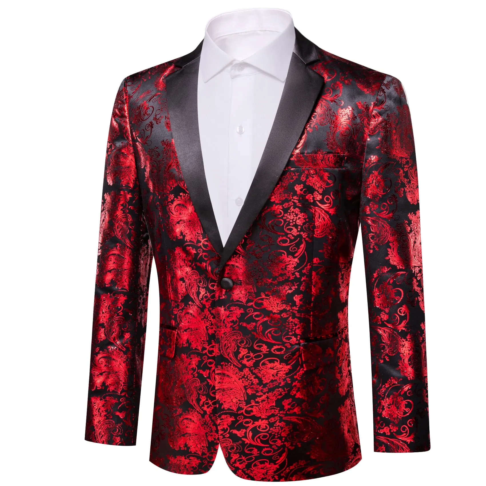 Ties2you Casual Suit Notched Collar Black Red Floral Hot Stamping Silk Slim Fit Men's Suit