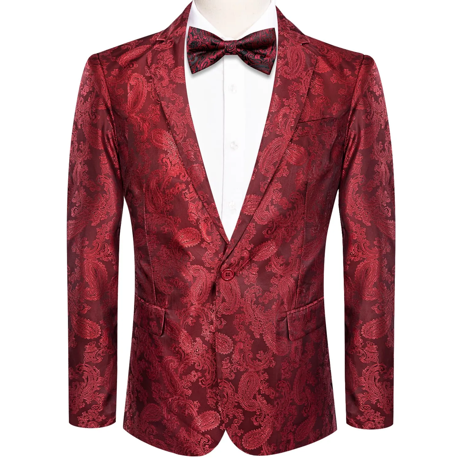 Ties2you Dress Suit for Men Cherry Red Paisley Notched Collar Silk Suit