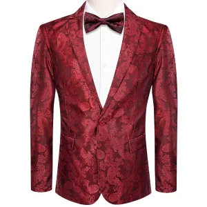 Ties2you Dress Suit for Men Cherry Red Paisley Notched Collar Silk Suit