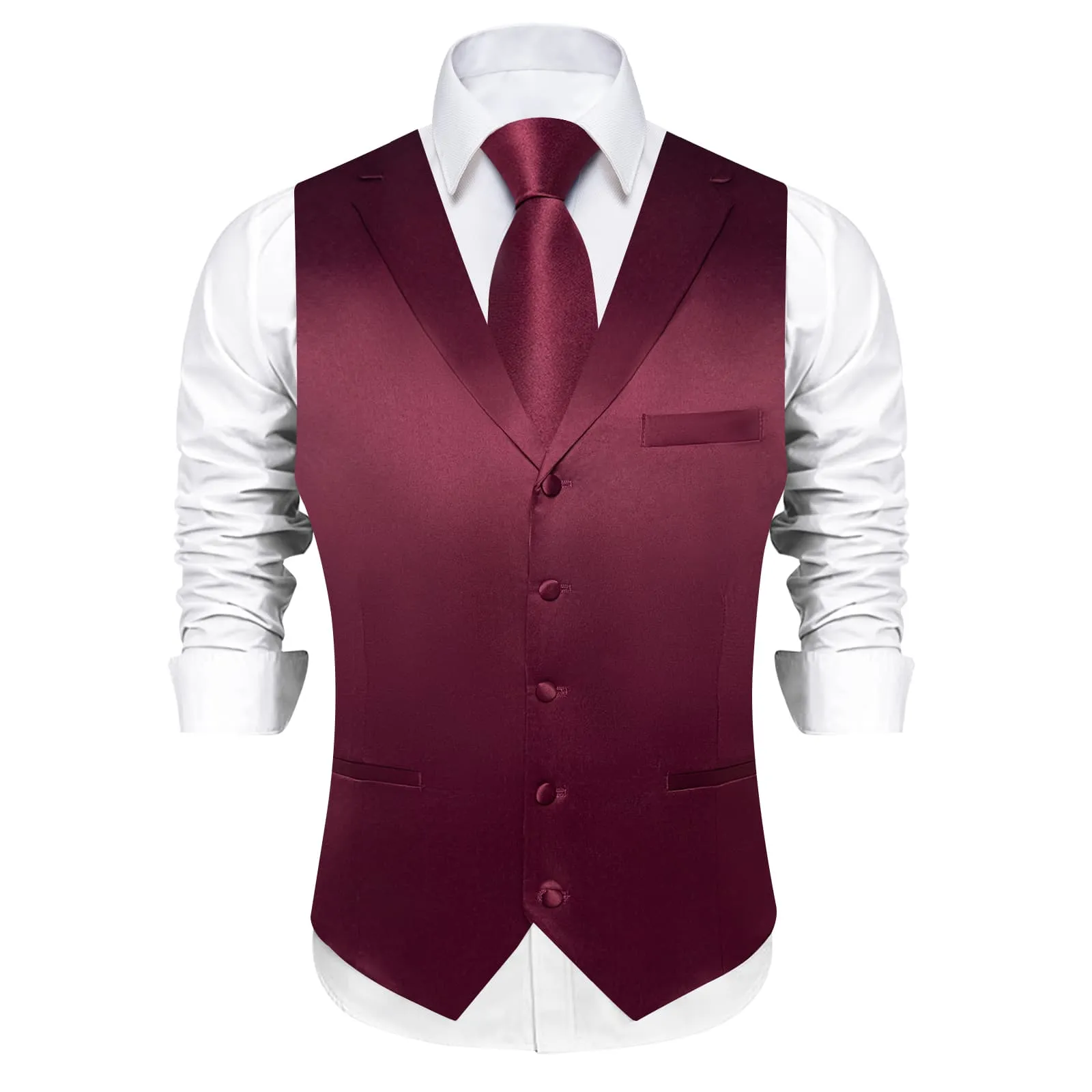 Ties2you Dress Vest Cordovan Red Solid Notched Collar Silk Button Vest for Men