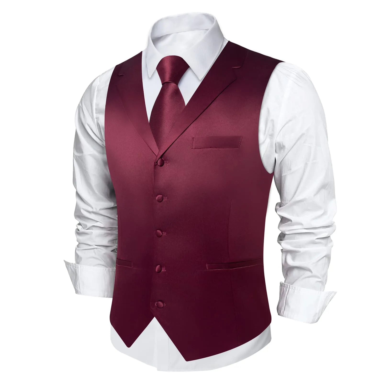 Ties2you Dress Vest Cordovan Red Solid Notched Collar Silk Button Vest for Men