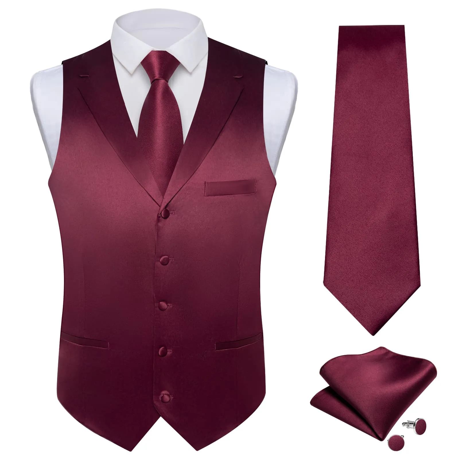 Ties2you Dress Vest Cordovan Red Solid Notched Collar Silk Button Vest for Men