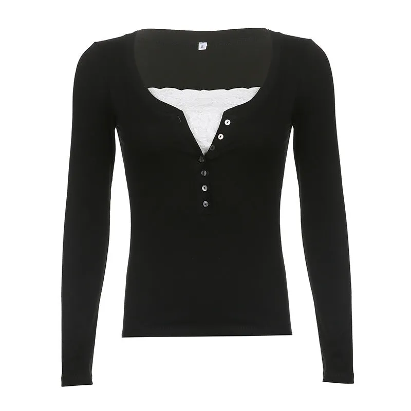 Toleet 2000s fashion Soft Knitted Stretch Slim-Fit Slimming Top Retro Brown Button Lace Stitching Long-Sleeved T-shirt for Women