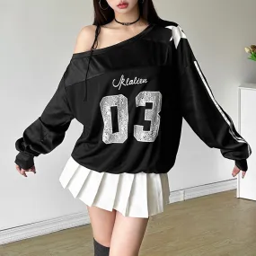 Toleet 2024 Women's Street Style Women's Solid Color Loose Street Oblique Collar Long Sleeve Printed Top for Women
