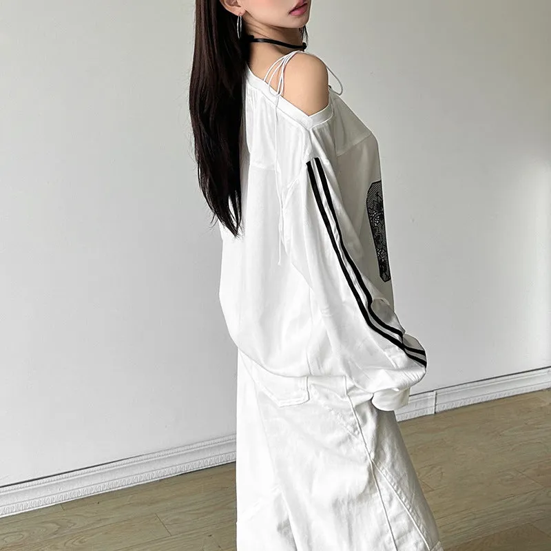 Toleet 2024 Women's Street Style Women's Solid Color Loose Street Oblique Collar Long Sleeve Printed Top for Women
