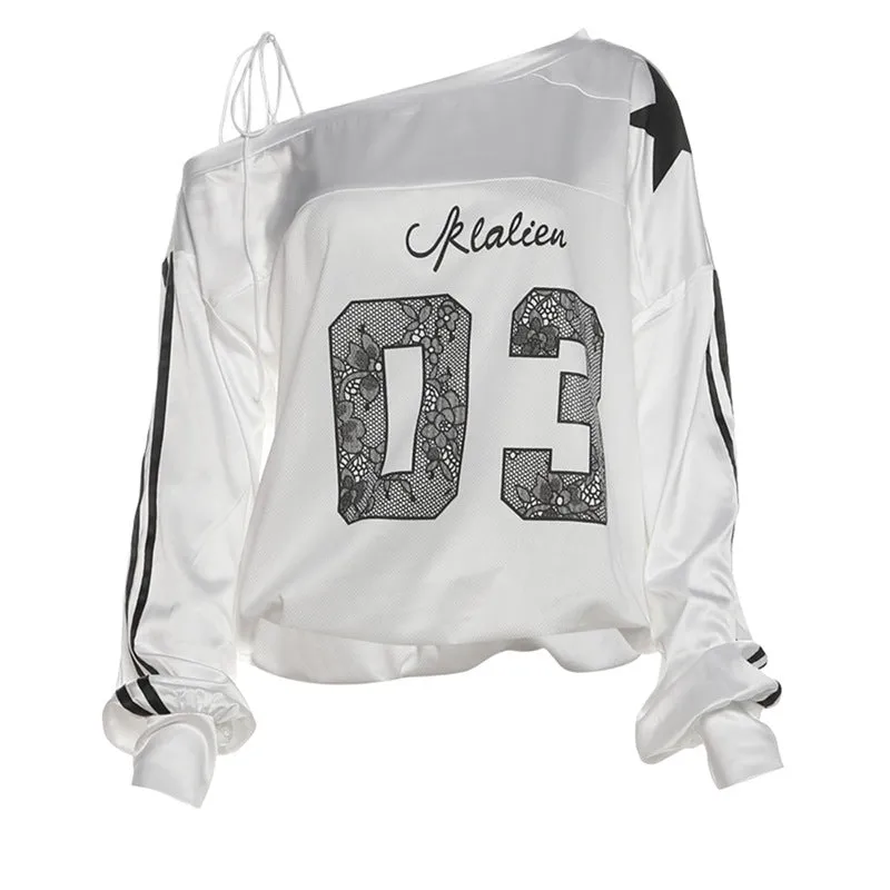 Toleet 2024 Women's Street Style Women's Solid Color Loose Street Oblique Collar Long Sleeve Printed Top for Women
