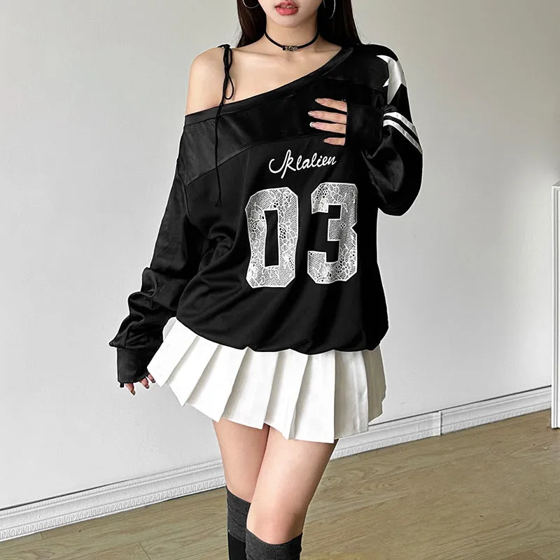 Toleet 2024 Women's Street Style Women's Solid Color Loose Street Oblique Collar Long Sleeve Printed Top for Women