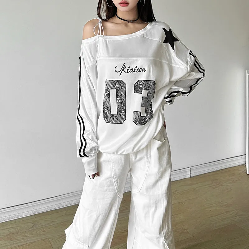 Toleet 2024 Women's Street Style Women's Solid Color Loose Street Oblique Collar Long Sleeve Printed Top for Women