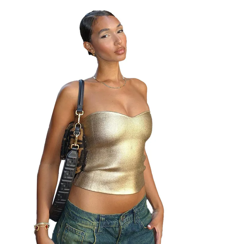 Toleet birthday outfit Women's 2024 Summer New Solid Color Casual Tube Top Cropped Sleeveless Bronzing Slim Vest Top