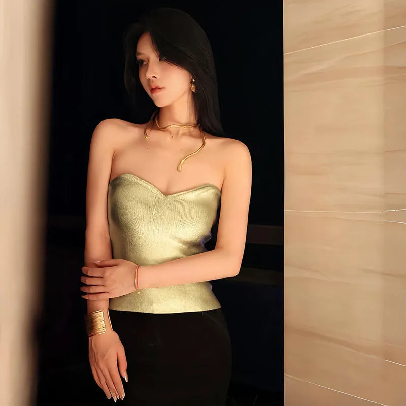 Toleet birthday outfit Women's 2024 Summer New Solid Color Casual Tube Top Cropped Sleeveless Bronzing Slim Vest Top