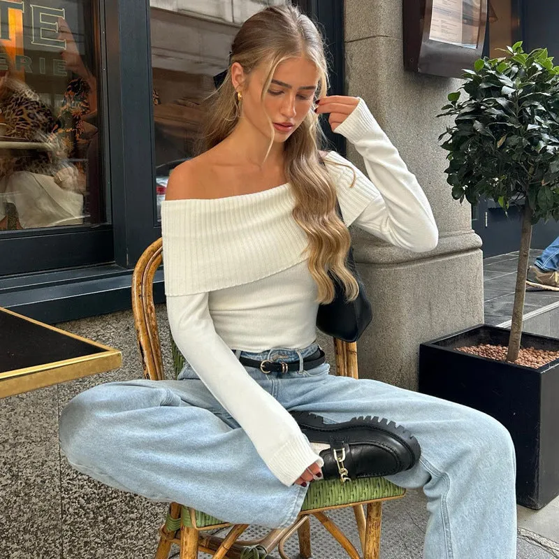 Toleet date night outfit Women's Street off-Shoulder Thread Knitted Sexy Long-Sleeved Top for Women