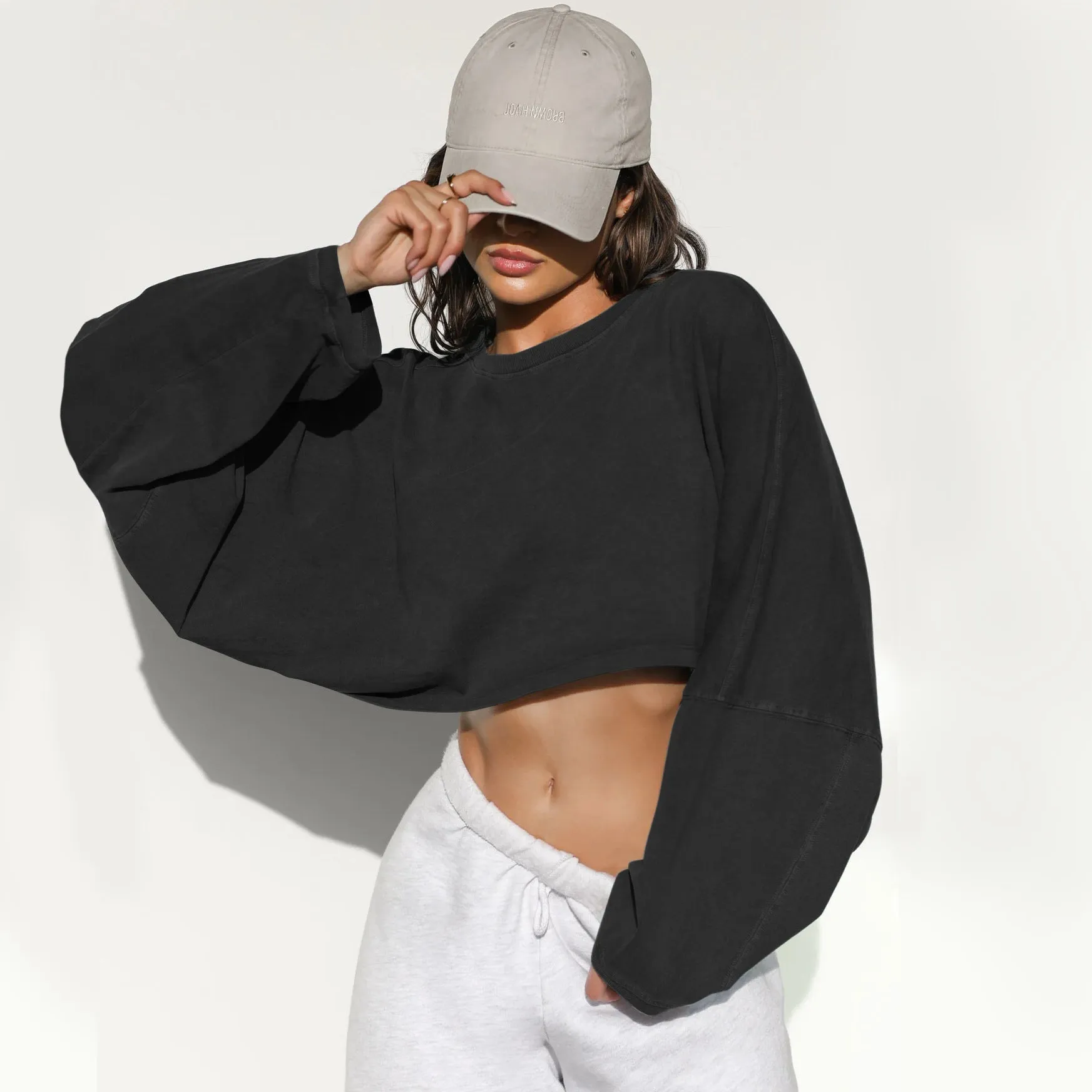 Toleet fall inspo outfits Autumn Sweater Women's Solid Color Short Pullover Loose Cropped Top round Neck Sweatshirt