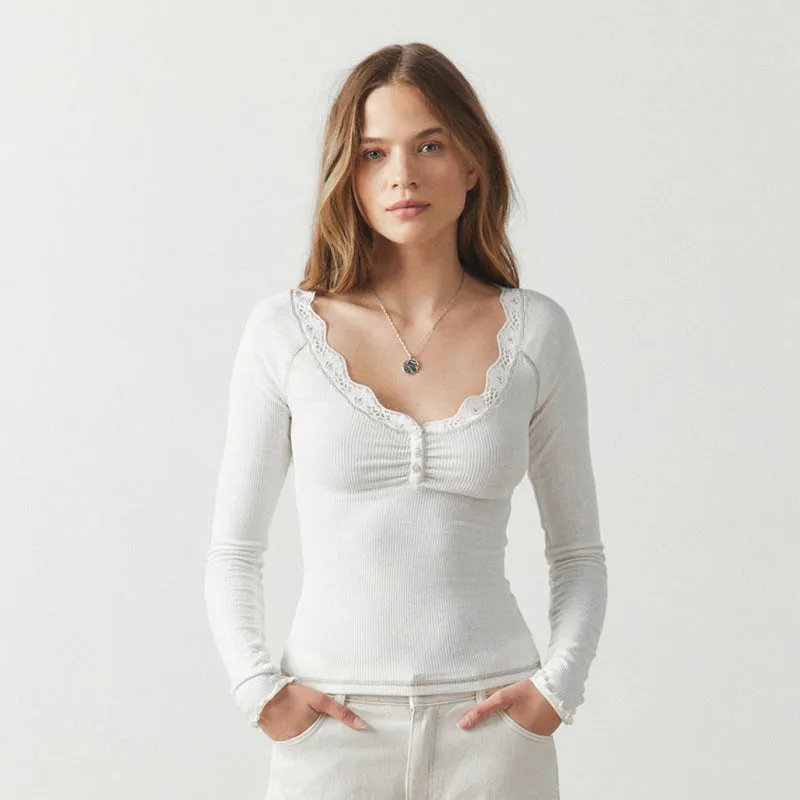 Toleet hipster Women's Autumn Solid Color Square Collar Lace Stitching Lace T-shirt Top for Women