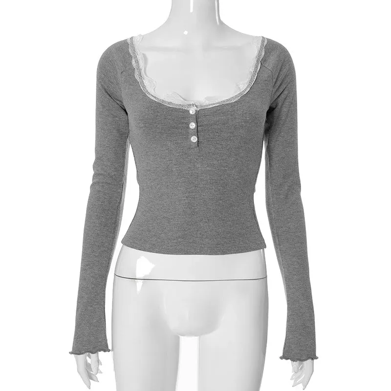 Toleet hipster Women's Autumn Solid Color Square Collar Lace Stitching Lace T-shirt Top for Women