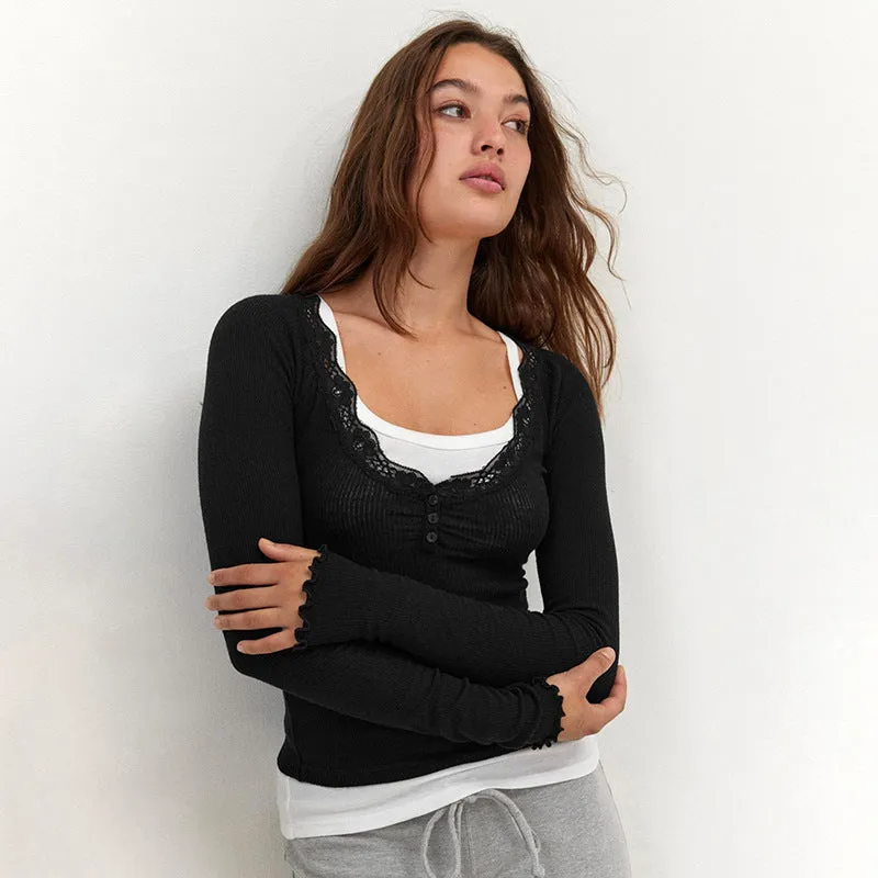 Toleet hipster Women's Autumn Solid Color Square Collar Lace Stitching Lace T-shirt Top for Women