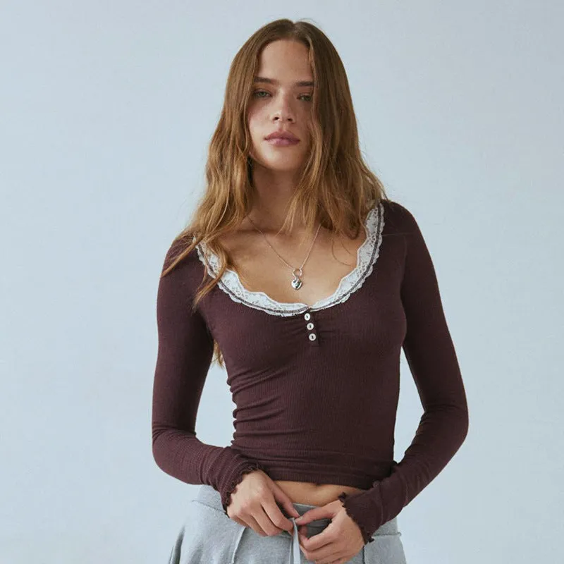Toleet hipster Women's Autumn Solid Color Square Collar Lace Stitching Lace T-shirt Top for Women