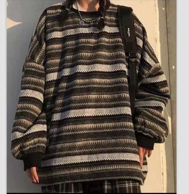 Toleet mens fall fashion  Retro Lazy Style Autumn and Winter plus Size 80's Striped Sweater Women's and Men's