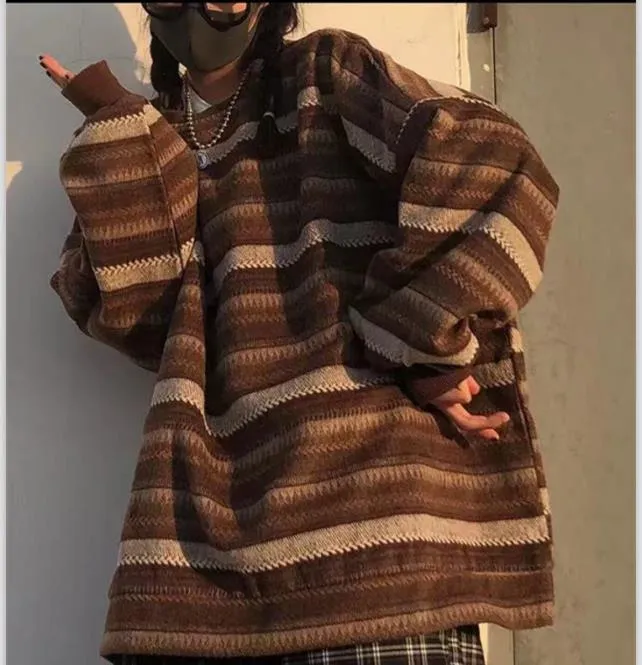 Toleet mens fall fashion  Retro Lazy Style Autumn and Winter plus Size 80's Striped Sweater Women's and Men's