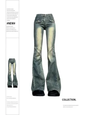 Toleet Spliced Blue Jeans for Women 2024 New Fashion Vintage Slim High Waisted Jeans Chic Streetwear Full Length Y2k Flare Jeans