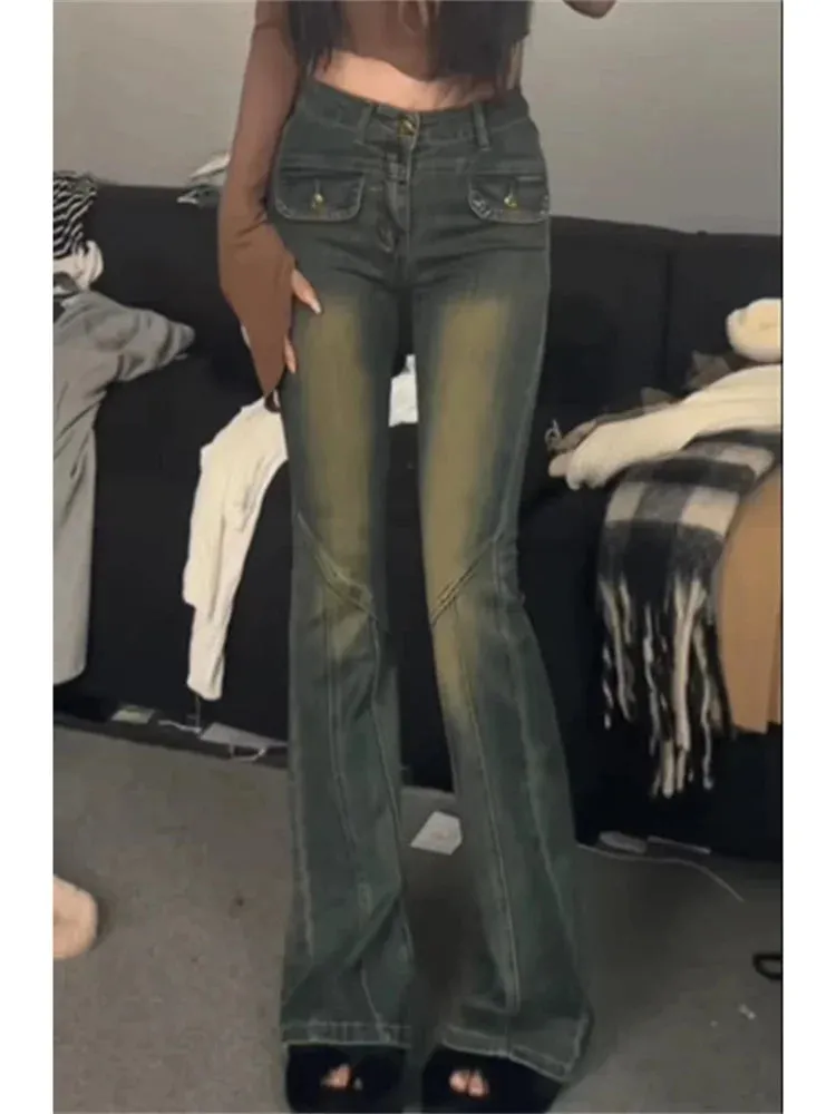 Toleet Spliced Blue Jeans for Women 2024 New Fashion Vintage Slim High Waisted Jeans Chic Streetwear Full Length Y2k Flare Jeans