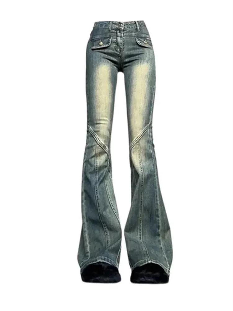 Toleet Spliced Blue Jeans for Women 2024 New Fashion Vintage Slim High Waisted Jeans Chic Streetwear Full Length Y2k Flare Jeans