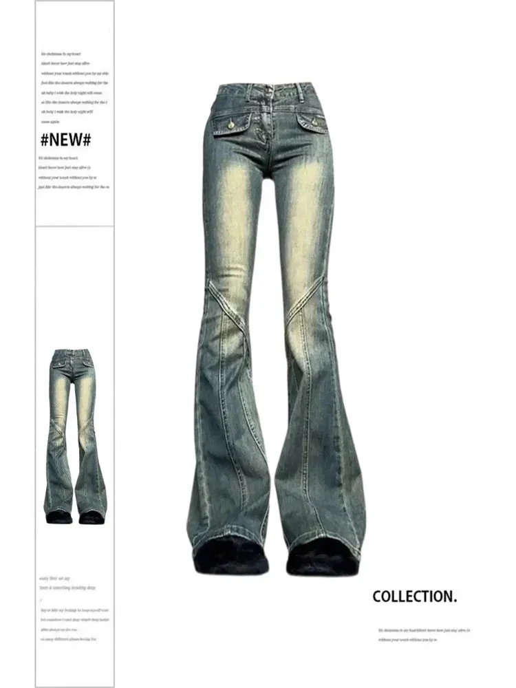 Toleet Spliced Blue Jeans for Women 2024 New Fashion Vintage Slim High Waisted Jeans Chic Streetwear Full Length Y2k Flare Jeans