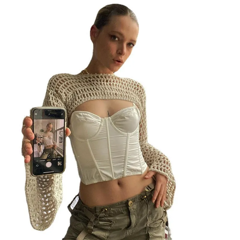 Toleet Style Woolen Crocheted Hollow Bell Sleeve Style Solid Color Street Fashion Top