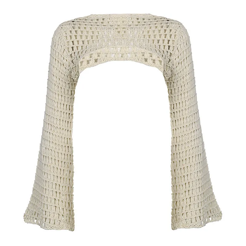 Toleet Style Woolen Crocheted Hollow Bell Sleeve Style Solid Color Street Fashion Top
