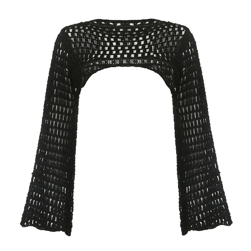 Toleet Style Woolen Crocheted Hollow Bell Sleeve Style Solid Color Street Fashion Top