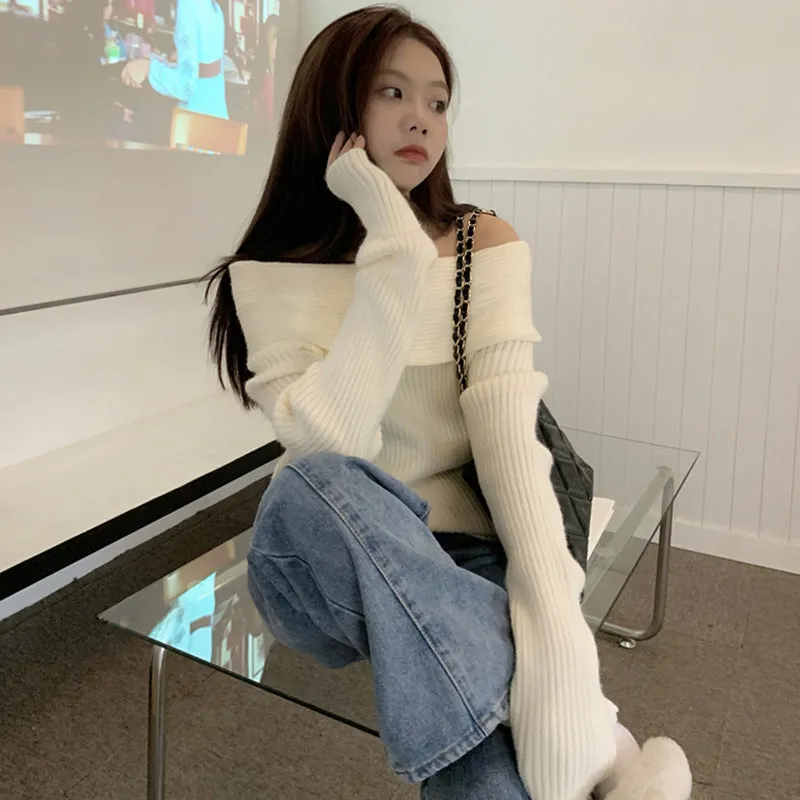 Toleet trending fall outfits Christmas Thanksgiving outfits 2024 White off-the-Neck Sweater Bottoming Shirt Women's Elegant Collarbone off-Shoulder Sweater