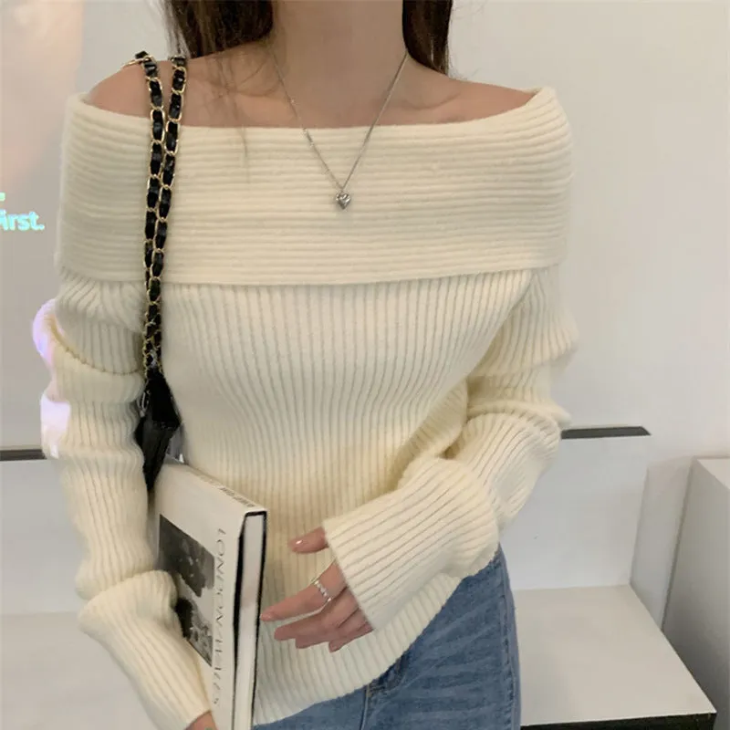 Toleet trending fall outfits Christmas Thanksgiving outfits 2024 White off-the-Neck Sweater Bottoming Shirt Women's Elegant Collarbone off-Shoulder Sweater