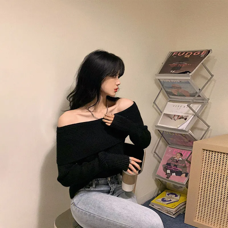 Toleet trending fall outfits Christmas Thanksgiving outfits 2024 White off-the-Neck Sweater Bottoming Shirt Women's Elegant Collarbone off-Shoulder Sweater