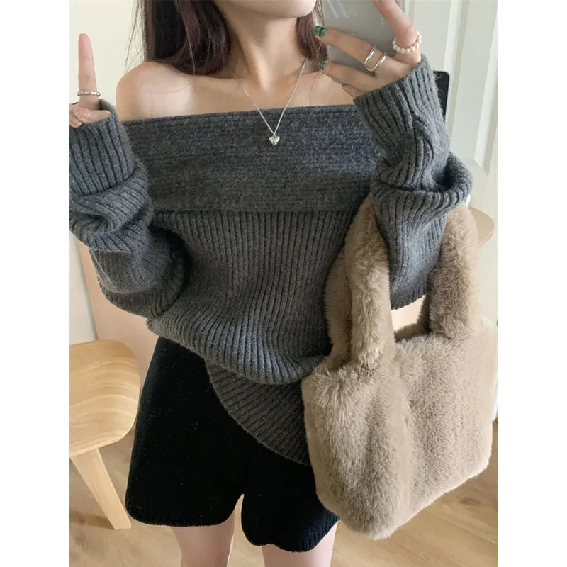 Toleet trending fall outfits Christmas Thanksgiving outfits 2024 White off-the-Neck Sweater Bottoming Shirt Women's Elegant Collarbone off-Shoulder Sweater