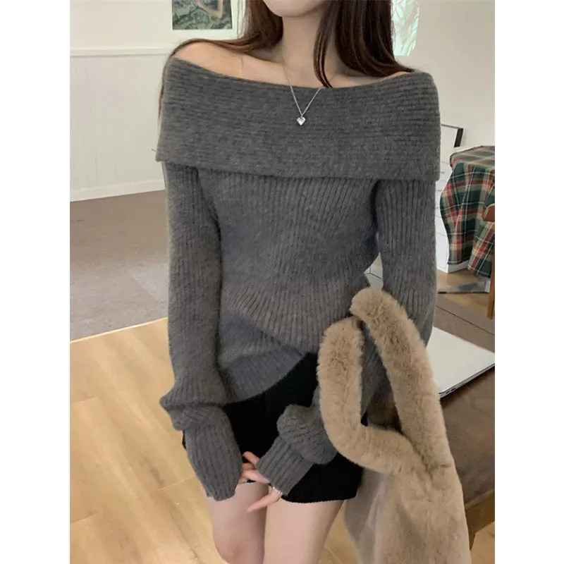 Toleet trending fall outfits Christmas Thanksgiving outfits 2024 White off-the-Neck Sweater Bottoming Shirt Women's Elegant Collarbone off-Shoulder Sweater
