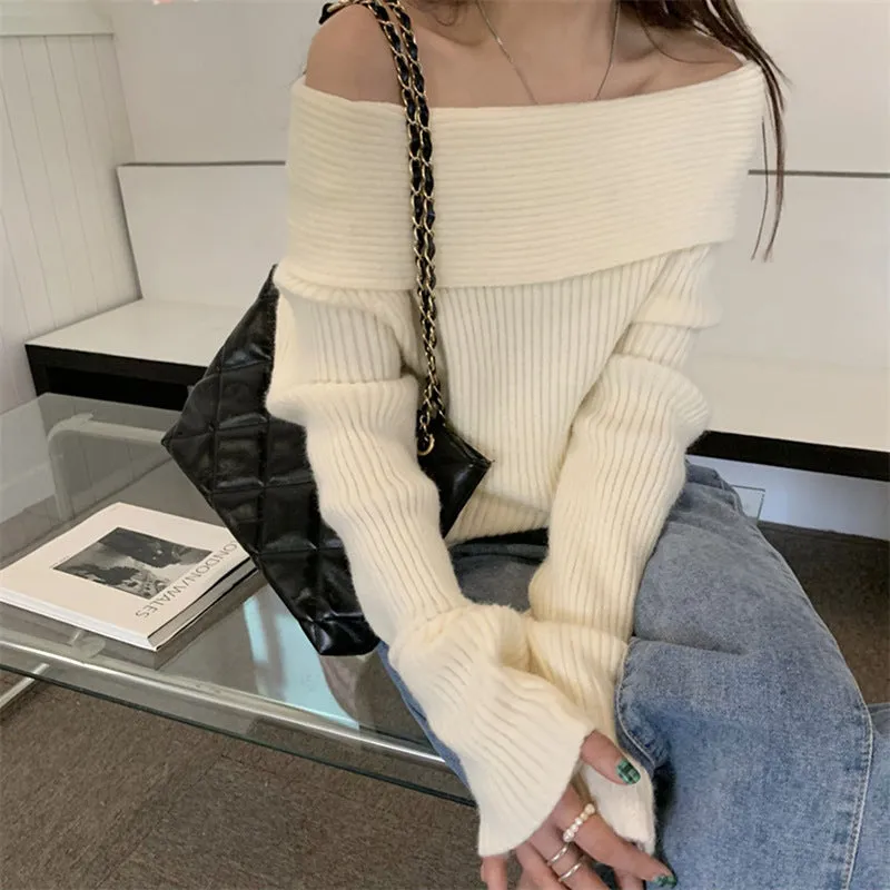 Toleet trending fall outfits Christmas Thanksgiving outfits 2024 White off-the-Neck Sweater Bottoming Shirt Women's Elegant Collarbone off-Shoulder Sweater