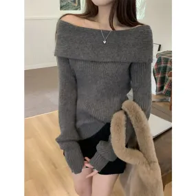 Toleet trending fall outfits Christmas Thanksgiving outfits 2024 White off-the-Neck Sweater Bottoming Shirt Women's Elegant Collarbone off-Shoulder Sweater