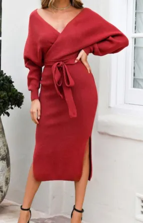 Toleet-Winter outfits Women's knitted slim v-neck sweater dress