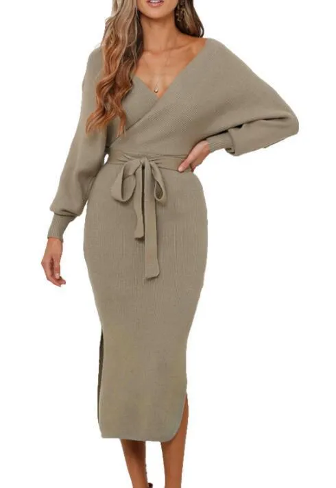 Toleet-Winter outfits Women's knitted slim v-neck sweater dress