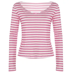 Toleet Women's Fashion Color Matching Striped Irregular off-Shoulder Loose Version Long Sleeve Basic Slimming Casual Top