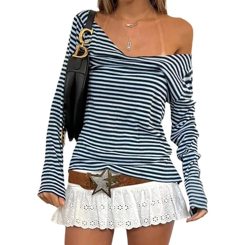 Toleet Women's Fashion Color Matching Striped Irregular off-Shoulder Loose Version Long Sleeve Basic Slimming Casual Top