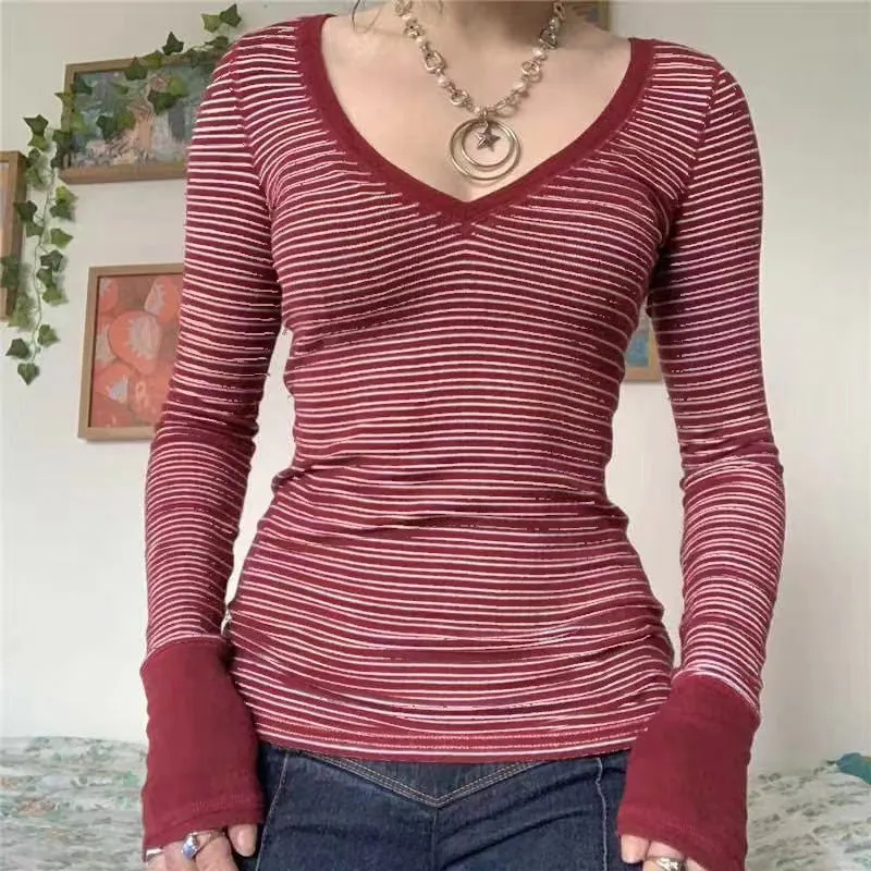 Toleet Women's Fashion Color Matching Striped Irregular off-Shoulder Loose Version Long Sleeve Basic Slimming Casual Top