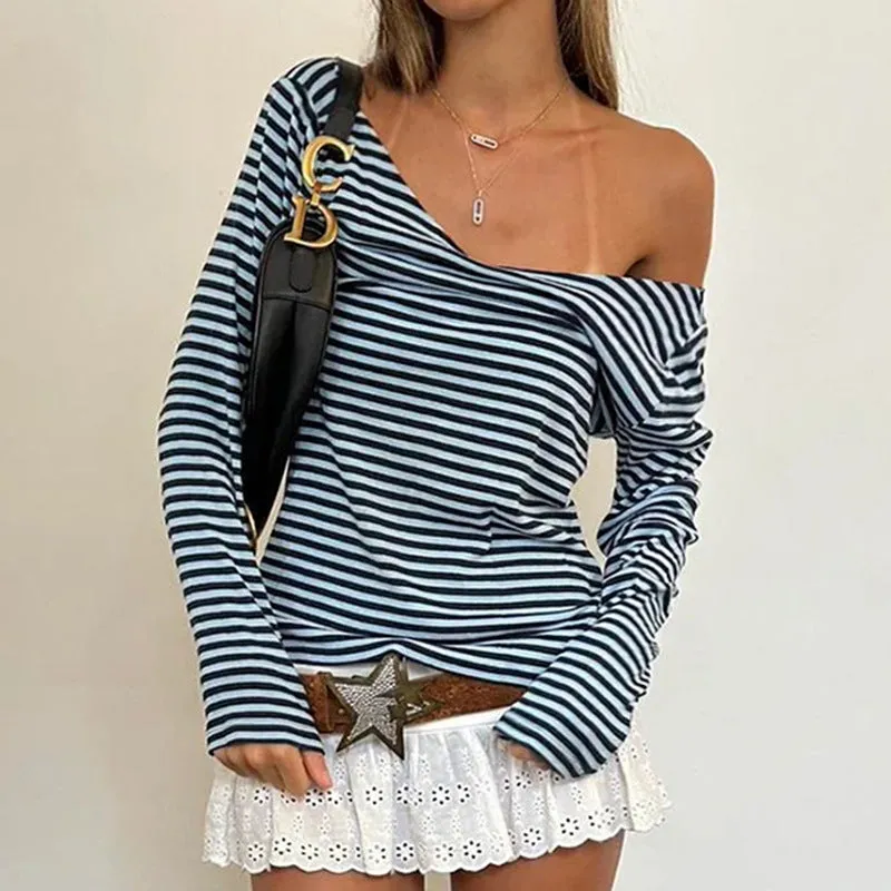Toleet Women's Fashion Color Matching Striped Irregular off-Shoulder Loose Version Long Sleeve Basic Slimming Casual Top