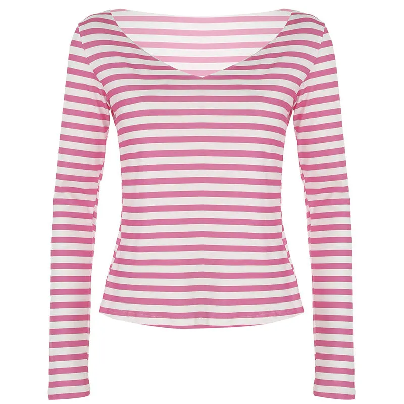 Toleet Women's Fashion Color Matching Striped Irregular off-Shoulder Loose Version Long Sleeve Basic Slimming Casual Top