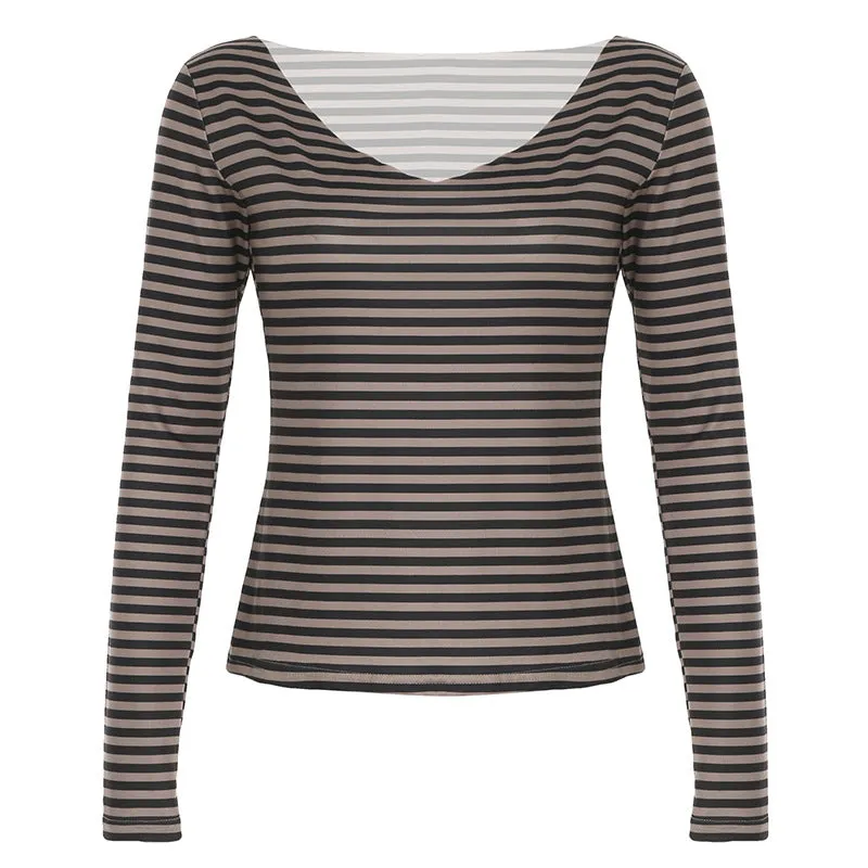 Toleet Women's Fashion Color Matching Striped Irregular off-Shoulder Loose Version Long Sleeve Basic Slimming Casual Top