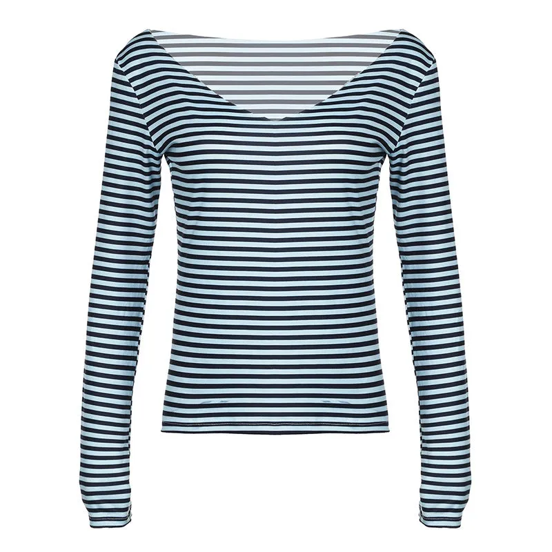 Toleet Women's Fashion Color Matching Striped Irregular off-Shoulder Loose Version Long Sleeve Basic Slimming Casual Top