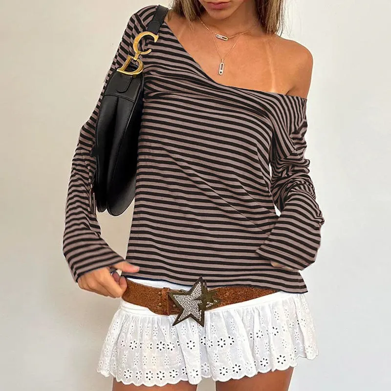 Toleet Women's Fashion Color Matching Striped Irregular off-Shoulder Loose Version Long Sleeve Basic Slimming Casual Top