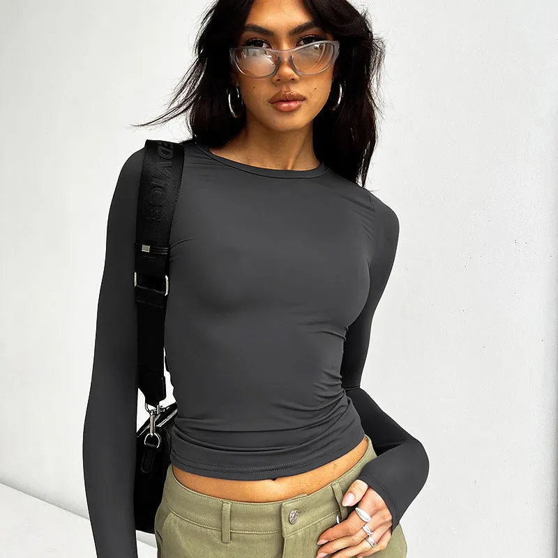Toleet Women's Street Style 2024 Spring and Autumn Women's New Solid Color round Neck Slim Bottoming Shirt Long Sleeve T-shirt Top