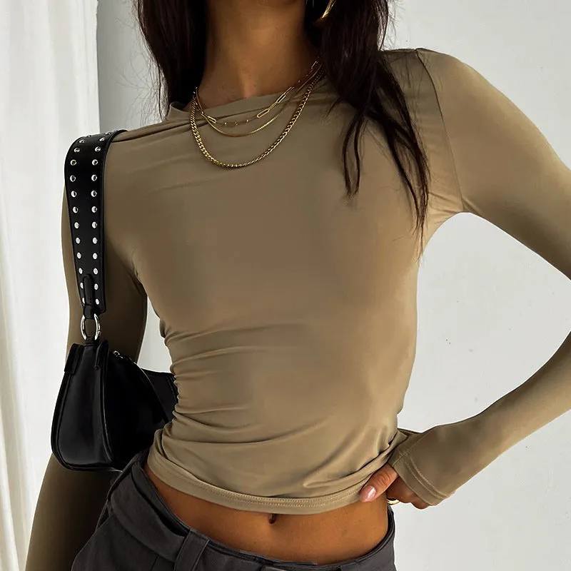 Toleet Women's Street Style 2024 Spring and Autumn Women's New Solid Color round Neck Slim Bottoming Shirt Long Sleeve T-shirt Top